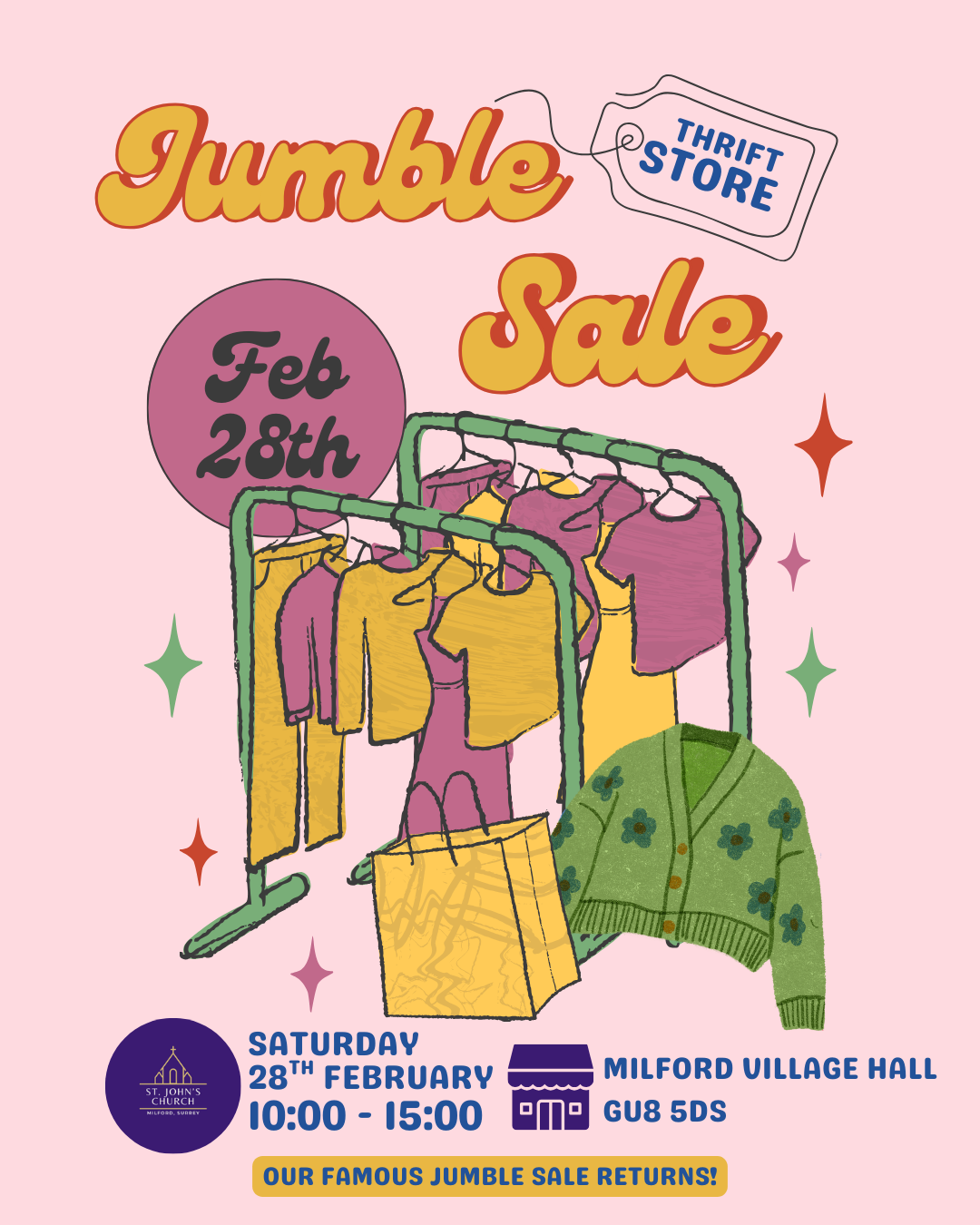 Clothes handing on a rail adversting St John's Jumble Sale 10am to 3pm 28th February 2026